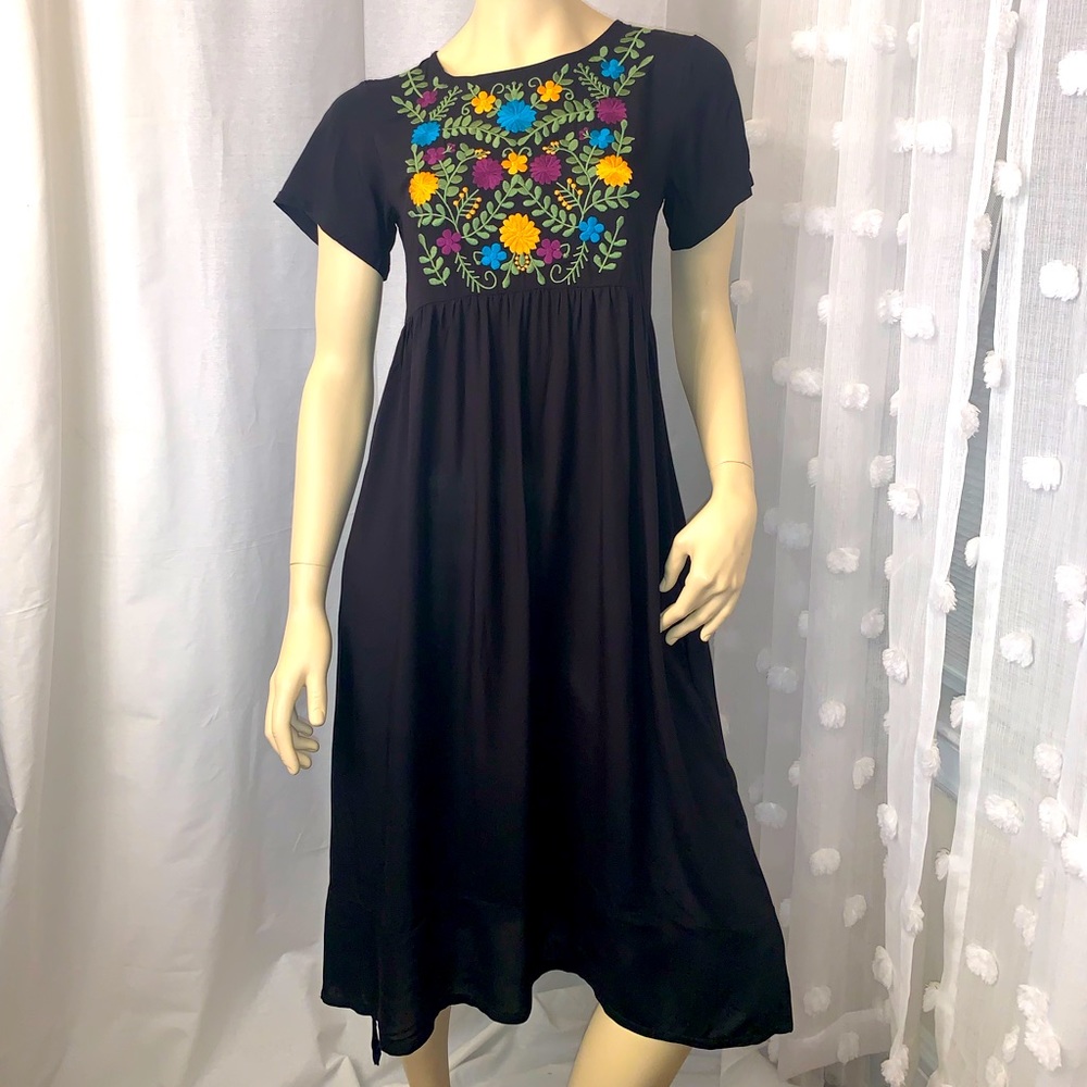 Zanzea Black and floral embroidered summer dress, size small